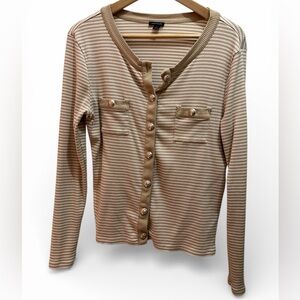 Ann Taylor ribbed tan & white military button cardigan. Sz. L